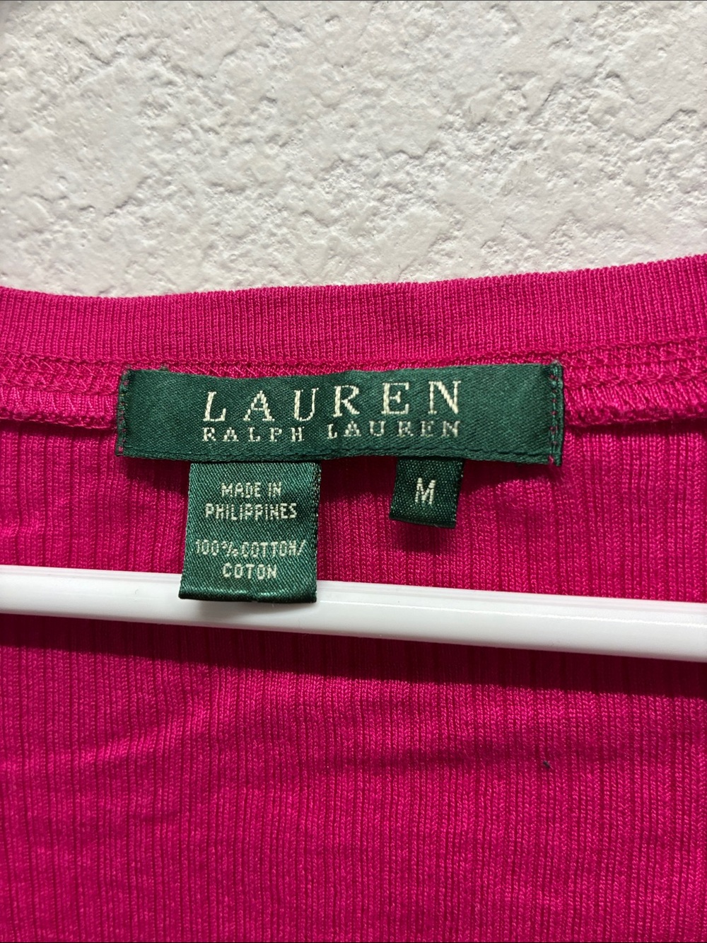 Lauren Ralph Lauren Hot Pink Ribbed Henley Top Lettuce Edge Button Scoop Neck - Picture 3 of 4